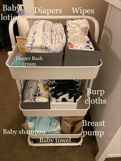 an organized diaper changing cart with labels on the bottom, labeled baby wipes and diapers