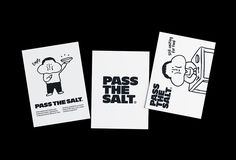 three cards with cartoon characters on them, one saying pass the salt and the other saying don't press the salt