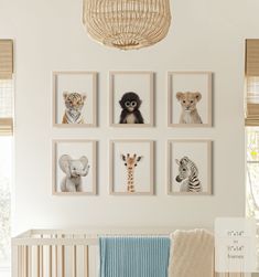 a baby's nursery room with pictures on the wall and animals hanging from the crib