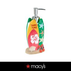 a soap dispenser that is decorated with surfboards and starfishs