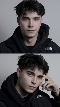 two photos of a young man in black hoodie with his hand on his ear