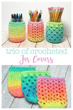 crocheted jar covers with pencils in them and the words trio of crocheted jar covers