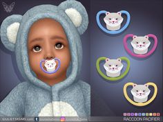 the baby is wearing a teddy bear outfit with pacifier attached to it's nose