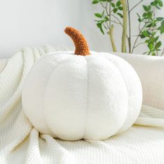 a white pumpkin sitting on top of a bed