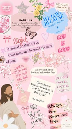 a pink background with some words and pictures on it