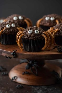 chocolate cupcakes decorated with googly eyes and spider webs on a wooden platter