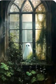 an image of a window with a ghost in it and ivy growing on the windowsill