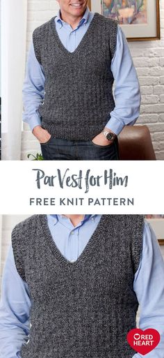 a man wearing a sweater vest with the text free knitting pattern