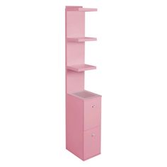 a tall pink shelf with two drawers