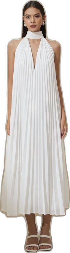 Summer A-line Midi Dress With Accordion Pleats, White Pleated Floor-length Dress, Pleated Flowy Dress For Gala, Spring Gala Midi Length Halter Dress, Spring Gala A-line Sleeveless Dress, White Sleeveless Flowy Maxi Dress, Formal White Pleated Maxi Dress, White Pleated Maxi Dress, Floor-length Pleated Midi Dress For Gala