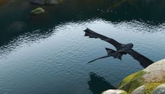 a large bird flying over a body of water next to some rocks and grass on the shore