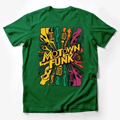 Vibrant Motown Funk T-Shirt, Colorful Music Theme, Retro Style Graphic Tee, Unisex Male T-Shirt Custom graphic T-Shirt.Customize your color Green Crew Neck Top For Concert, Retro Green T-shirt For Fans, Green Cotton Pop Culture T-shirt, Fun Short Sleeve T-shirt For Music Festival, Music-themed Graphic T-shirt For Fans, Green Band Merch T-shirt With Front Print, Retro Green T-shirt For Fan Merchandise, Green Short Sleeve Top For Concert, Green Band Merch Tops For Concert