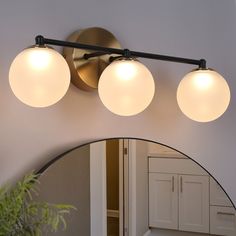 three lights on the wall above a mirror