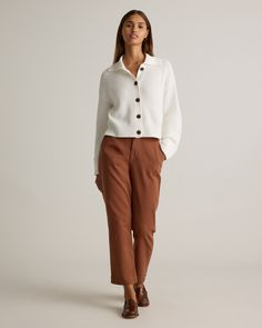 It's not an exaggeration to say this is perfection. This cropped pant is made from premium organic cotton infused with a touch of stretch, giving them plenty of flex and making them more eco-friendly, too. The straight leg silhouette and cropped length are totally classic, so you can count on them for everyday style.  | Quince | Women's Organic Stretch Cotton Twill Straight Leg Cropped Pants in Rust, Size 14, Organic Cotton Corduroy Pants Outfit, Collared Cardigan, Oversize Sleeves, Collar Cardigan, Organic Fabrics, Everyday Style, Pants Outfit, Quince, Cropped Pants