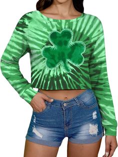 St Patricks Day Women's Irish Crop Shamrock Saint Shirt Long Sleeve Cute Pattys Paddys Top Tie Dye M at Amazon Women’s Clothing store Saint Shirt, Saints Shirts, Cami Shirt, Flattering Tops, Crop Top Sweatshirt, Neck Crop Top, Shirt Long Sleeve, Amazon Women