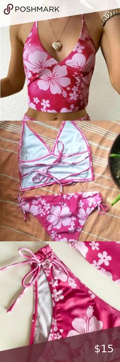 New! Hibiscus Side-Tie Strappy Tankini Set - Size M Aesthetic Tankini Swimsuit, Tankini Set Aesthetic, Hibiscus Bathing Suit, Tankini Swimsuits For Women Aesthetic, 2000s Tankini, Hibiscus Tankini, Hibiscus Swimsuit, Y2k Tankini, Tankini Y2k