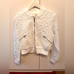 Beautiful And Stylish Jason Wu Bomber Jacket Perfect For Warm Weather. The Lace Pattern Is Gorgeous. Size Xs But Fits Me I’m A S Or M. Retails For $325 White Spring Outerwear With Zipper Closure, Lace Jacket, Jason Wu, Light Summer, Lace Pattern, Warm Weather, Bomber Jacket, Jackets For Women, Jackets & Coats