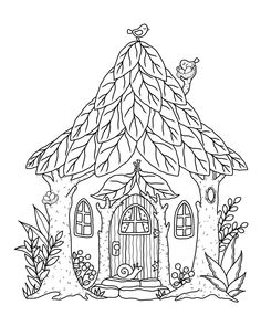 a coloring page with a small house in the middle and plants around it, on top of