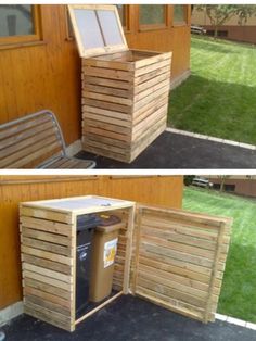 two pictures of the outside of a building with wooden slats and trash cans in it