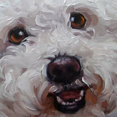 a painting of a white dog with brown eyes