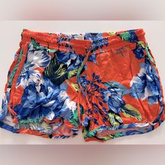 Orange Tropical Flower Shorts, Nwot, Perim Industria Brasiliera, Purchased In Brazil, Comfortable, 100% Viscose Multicolor Hawaiian Short Bottoms, Multicolor Hawaiian-style Shorts, Multicolor Hawaiian Style Shorts, Hawaiian Style Short Bottoms With Tropical Print, Beach Shorts With Tropical Print, Tropical Cotton Shorts For Beach, Hawaiian Floral Print Bottoms For Vacation, Hawaiian Floral Print Vacation Bottoms, Hawaiian Floral Print Summer Bottoms