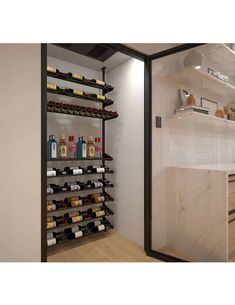 a wine rack in the corner of a kitchen