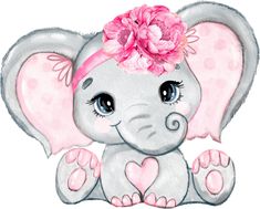 an elephant with pink flowers on it's head is sitting in front of a white background