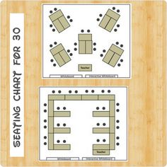 a wooden table with four different tables on it and the words seating chart written in black