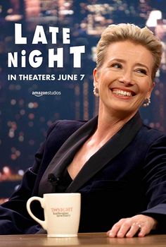 a woman sitting at a table with a coffee cup in front of her and the words late night on it