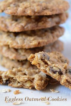 oatmeal cookies stacked on top of each other with the words eggless oatmeal cookies