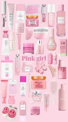 the pink girl collection is on display in front of a pink background with various items