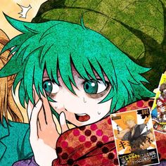 an anime character with green hair and blue eyes, holding his hand to his face