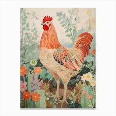 a painting of a rooster standing in the grass with flowers and plants around it by corbi