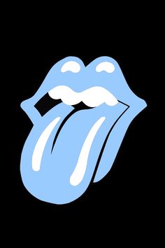 the rolling stones logo in blue and white on a black background, with an open mouth