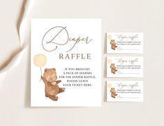 a set of three baby shower tags with a bear holding a balloon on it's back