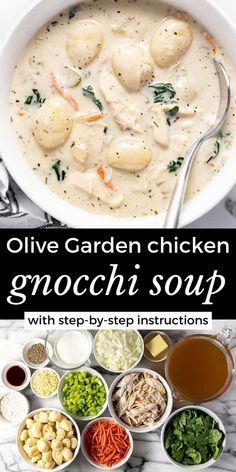 an image of a bowl of chicken gnocchi soup with step by step instructions