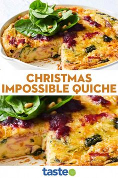 christmas impossible quiche recipe with spinach and cheese on the side, topped with fresh greens