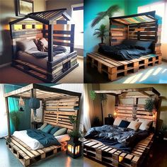 four different pictures of a bed made out of wood pallets and some lights on the side