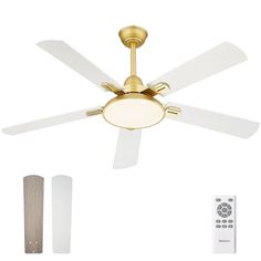 a ceiling fan with three blades and two remotes next to it, on a white background