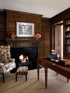 a living room filled with furniture and a fire place next to a book shelf full of books