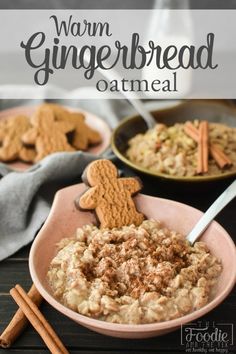 a bowl of oatmeal with gingerbread cookies and cinnamon sticks on the side