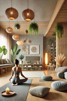 a woman is sitting in the middle of a yoga room with plants hanging from the ceiling