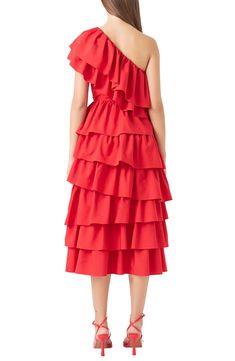 Summon bold energy in this one-shoulder midi dress designed with fluttery tiers of floaty ruffles. Hidden side-zip closure One-shoulder neck Single cap sleeve Lined 100% polyester Hand wash, dry flat Imported One Shoulder Midi Dress, Designer Midi Dresses, Ruffle Midi Dress, Tiered Midi Dress, Red Midi Dress, Tiered Maxi Dress, Tiered Skirt, Nordstrom Dresses, How To Feel Beautiful