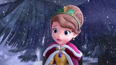 the princess is standing in the snow with her hand on her hip and wearing a tiara