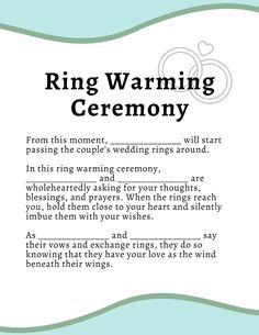 a wedding ceremony card with the words ring warming ceremony