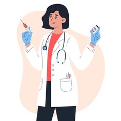 a woman in a white lab coat with blue gloves and a syringe on her left hand