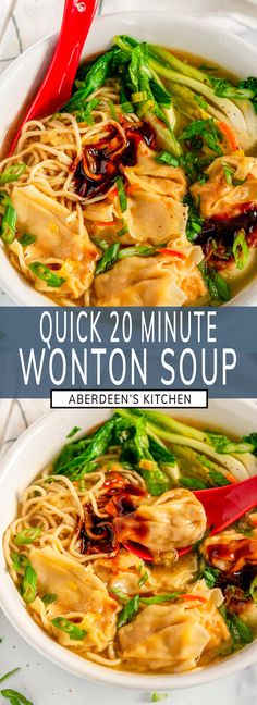 two bowls filled with wonton soup on top of a white countertop next to a red spoon