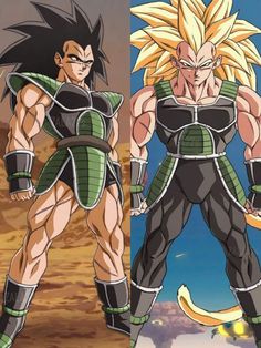 two different images of the same character in dragon ball super broly, one with his hands on his hips