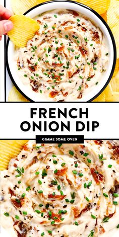 french onion dip in a white bowl with chips on the side and an image of it