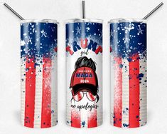 two red white and blue cans with straws in them